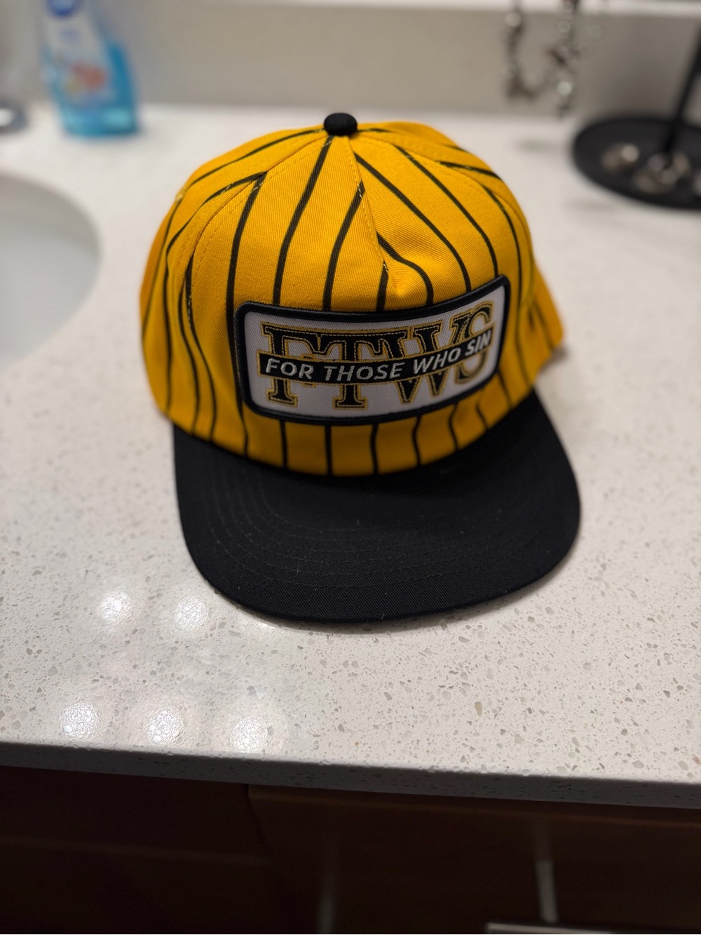 For Those Who Sin Yellow & Black Pinstripe Snapback Hat with Front Patch